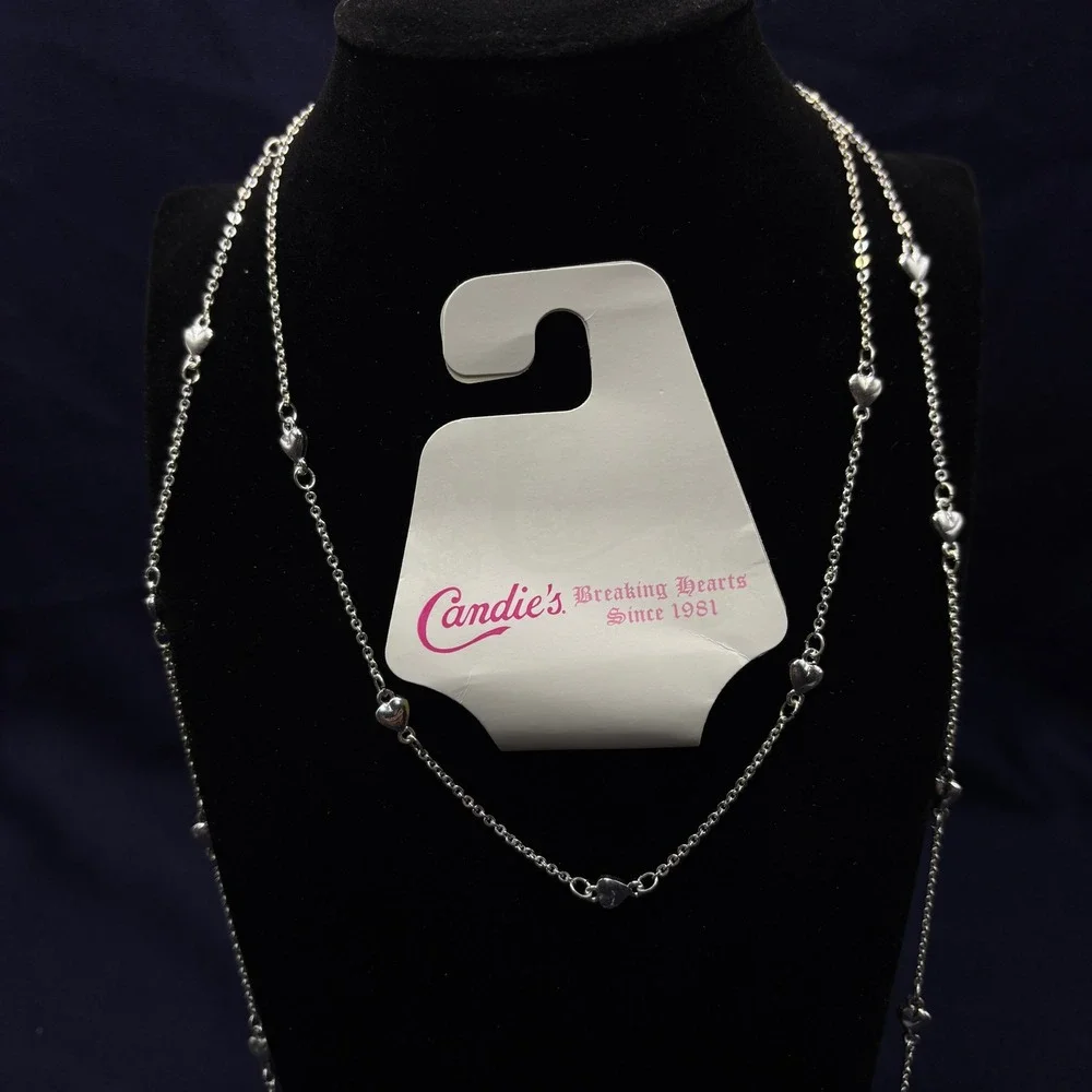 Candies Breaking‎ Hearts Silver Tone Long Station Necklace with Heart Tassel